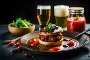 une assiette avec une Burger et boissons. généré par ai photo