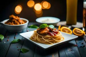 spaghetti avec Viande et sauce sur une plaque. généré par ai photo