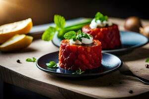 deux petit assiettes avec nourriture sur eux. généré par ai photo