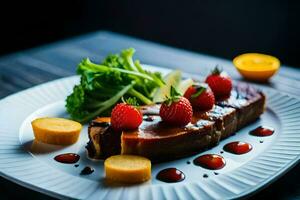 une assiette avec une tranche de gâteau et des fraises. généré par ai photo