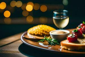 une assiette avec des fraises et fromage sur il. généré par ai photo