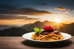 spaghetti avec tomate sauce et Frais basilic sur une assiette avec une Montagne voir. généré par ai photo