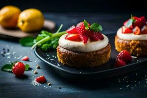 deux mini Gâteaux avec des fraises et crème sur une noir plaque. généré par ai photo