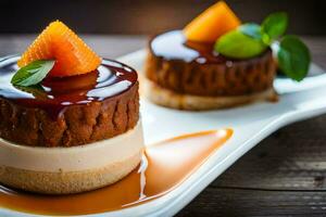 deux desserts sur une blanc assiette avec caramel sauce. généré par ai photo