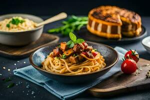 spaghetti avec Viande et des légumes dans une bol. généré par ai photo