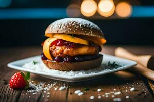 une Hamburger avec baies et une fraise sur une plaque. généré par ai photo