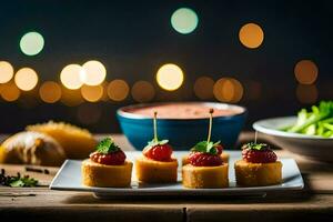 petit apéritifs sur une assiette avec une bol de plonger. généré par ai photo