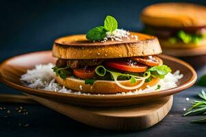 une Hamburger avec des légumes et herbes sur une plaque. généré par ai photo