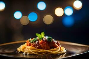 spaghetti avec tomate sauce et basilic sur une noir plaque. généré par ai photo