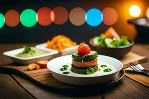 une assiette de nourriture avec une fraise sur Haut. généré par ai photo