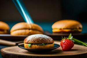 une Hamburger avec une fraise sur une en bois planche. généré par ai photo