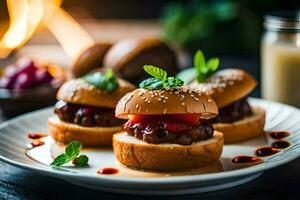 Trois mini des hamburgers sur une assiette avec sauce et garnir. généré par ai photo