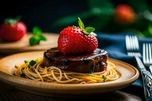 grillé steak avec une fraise sur une plaque. généré par ai photo