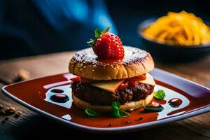 une Hamburger avec une fraise sur Haut. généré par ai photo