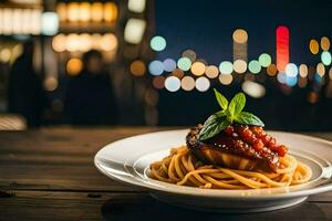 une assiette de Pâtes avec tomate sauce et une vue de le ville. généré par ai photo