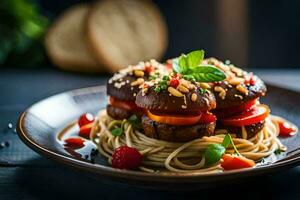 une assiette de spaghetti avec Boulettes de viande et tomates. généré par ai photo