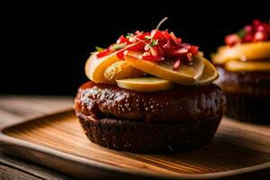 deux petits gâteaux surmonté avec fruit et garnir. généré par ai photo