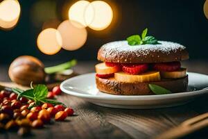 une sandwich avec des fraises et bananes sur une plaque. généré par ai photo