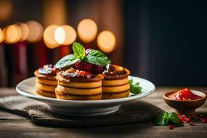 Crêpes avec baies et menthe sur une plaque. généré par ai photo