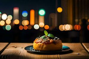 une dessert sur une assiette avec une paysage urbain dans le Contexte. généré par ai photo