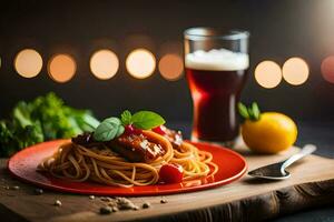 spaghetti avec Viande et des légumes sur une plaque. généré par ai photo