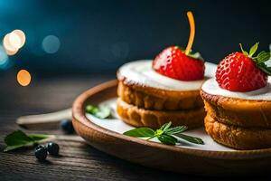 deux Gâteaux avec des fraises et crème sur une en bois plaque. généré par ai photo