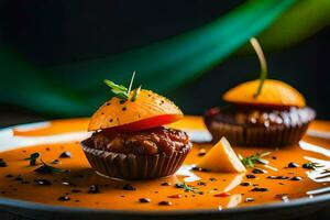 deux mini petits gâteaux avec Orange sauce sur Haut. généré par ai photo