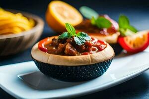 une assiette avec une tasse de nourriture et une bol de Pâtes. généré par ai photo