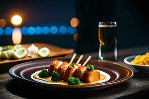 une assiette de nourriture avec brochettes et une verre de du vin. généré par ai photo