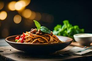 spaghetti avec Viande et des légumes dans une bol. généré par ai photo