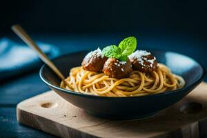 spaghetti avec Boulettes de viande dans une bol. généré par ai photo