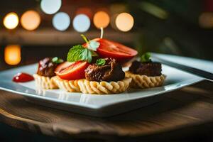 une assiette avec Viande et tomate sur il. généré par ai photo