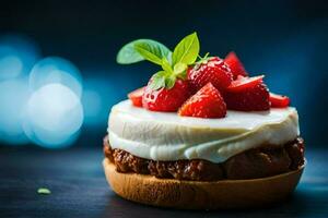 une petit gâteau surmonté avec des fraises et crème. généré par ai photo