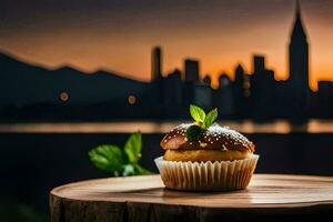 une petit gâteau sur une en bois table avec une ville dans le Contexte. généré par ai photo