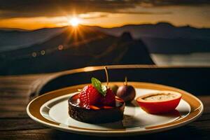 une dessert sur une assiette avec une vue de le le coucher du soleil. généré par ai photo