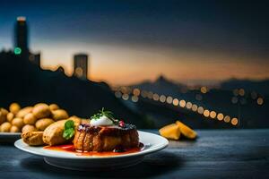 une assiette de nourriture avec une vue de le ville. généré par ai photo