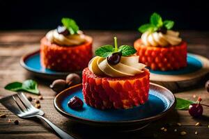 Trois petit Gâteaux avec crème et menthe sur une en bois tableau. généré par ai photo