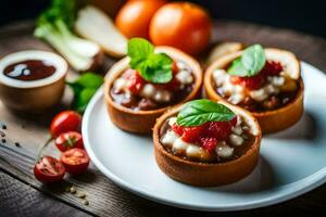 Trois mini tartes avec tomate sauce et fromage sur une blanc plaque. généré par ai photo