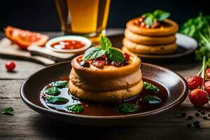 nourriture sur une assiette avec une bière. généré par ai photo