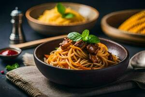 spaghetti avec Viande et des légumes dans une bol. généré par ai photo