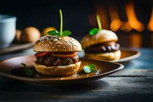 deux hamburgers sur une assiette avec une tasse de café. généré par ai photo