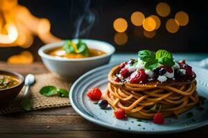 spaghetti avec baies et menthe sur une plaque. généré par ai photo