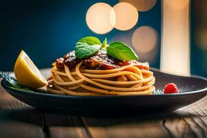 spaghetti avec tomate sauce et basilic sur une noir plaque. généré par ai photo