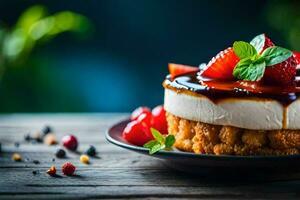 une dessert avec des fraises et crème sur une plaque. généré par ai photo