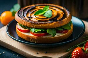 une sandwich avec tomates, basilic et fromage sur une plaque. généré par ai photo