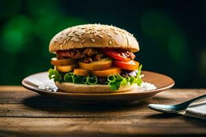 une Hamburger avec des légumes et une couteau sur une plaque. généré par ai photo