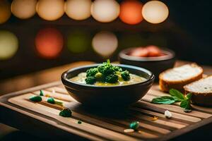 une bol de soupe avec pain et une assiette de des légumes. généré par ai photo