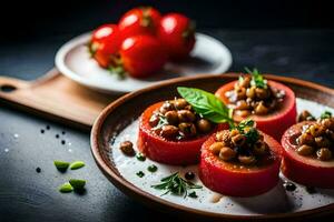 une assiette de tomates avec des haricots et herbes. généré par ai photo