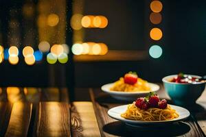 spaghetti et des fraises sur une en bois tableau. généré par ai photo