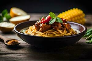 spaghetti avec Viande et des légumes dans une bol. généré par ai photo